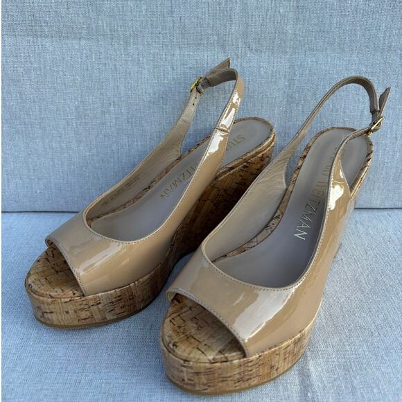 STUART WEITZMAN Wms Sz 7.5 Nude Patent-Leather Cork-Wedge Pumps 3.8" Heels SPAIN - Picture 1 of 8
